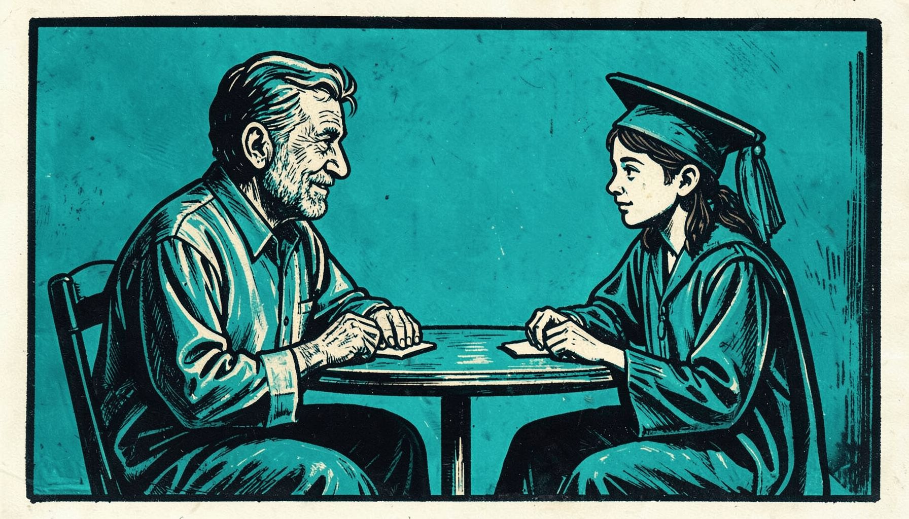 A carved linocut relief print of a mentor and a young graduate sitting across a small table, deep teal and warm charcoal