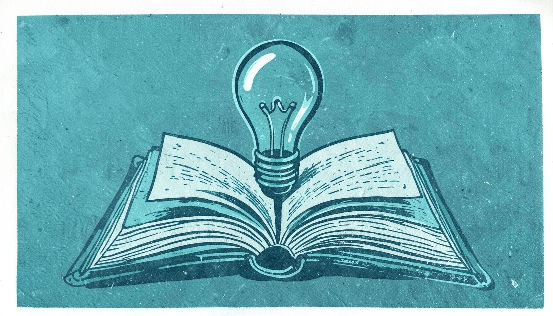A linocut print in muted teal and slate showing an open book with a lightbulb rising from its pages, suggesting ideas emerging from study