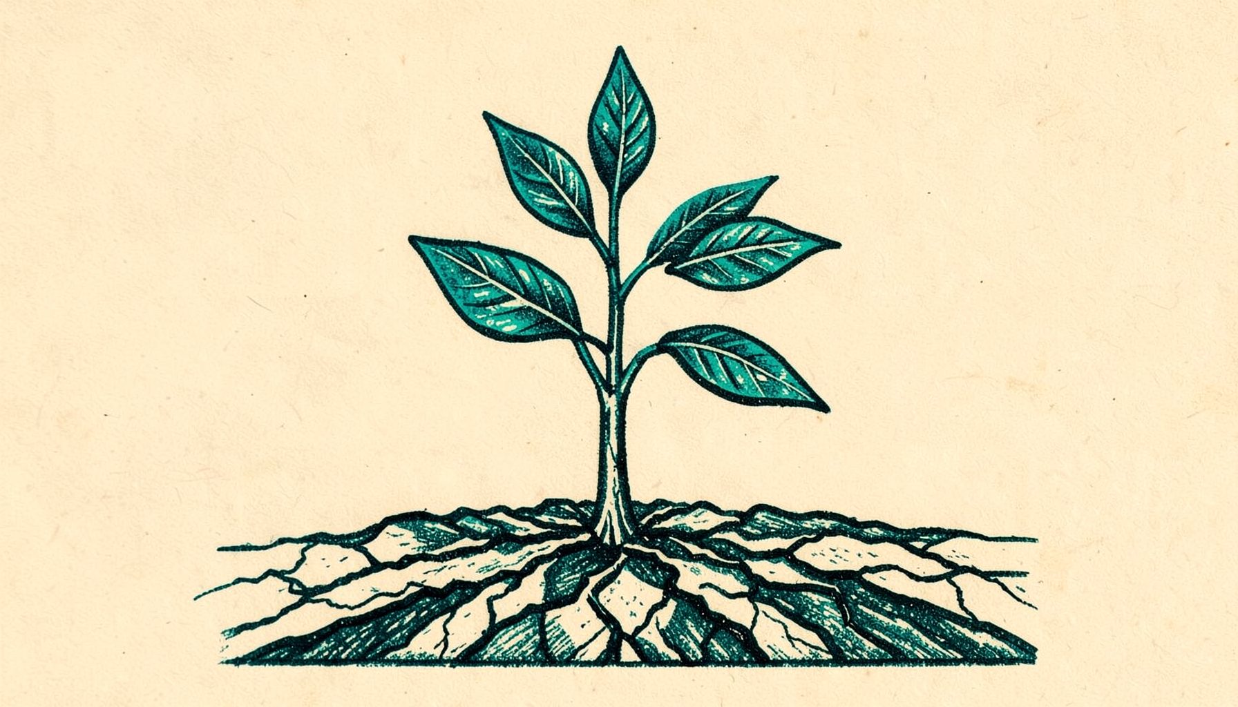 A carved linocut relief print of a small sapling growing from cracked dry earth, with seven distinct leaves reaching upward, rendered in charcoal and warm earth tones