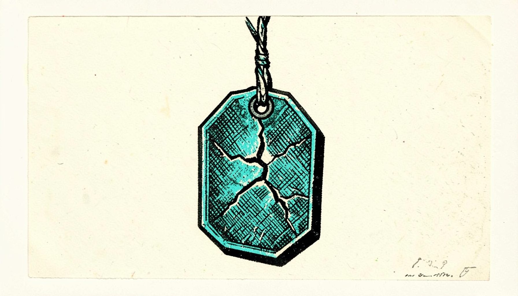 A carved linocut relief print of a cracked price tag hanging from a broken string, stark black ink on cream paper with hand-drawn hatch shading, evoking a pricing misstep.