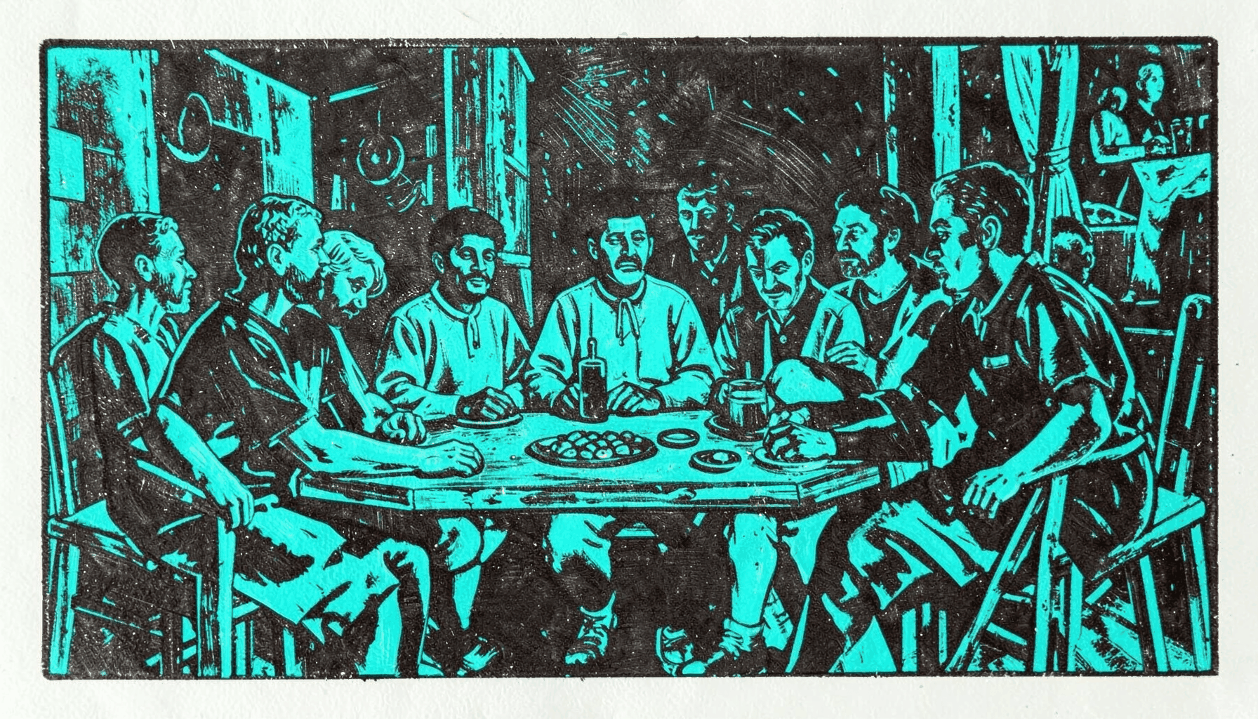 A carved linocut relief print of a group of stylized figures gathered around a table, charcoal and teal, collaborative mood