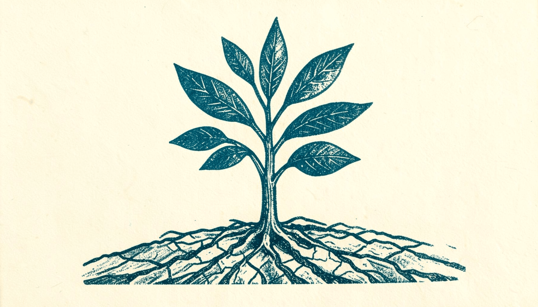 A carved linocut relief print of a small sapling growing from cracked dry earth, with seven distinct leaves reaching upward, charcoal and teal tones, evoking patient growth