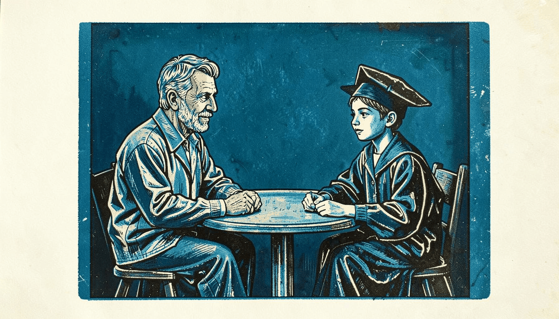 A carved linocut relief print of a mentor and a young graduate sitting across a small table, deep teal and warm charcoal, mentorship mood