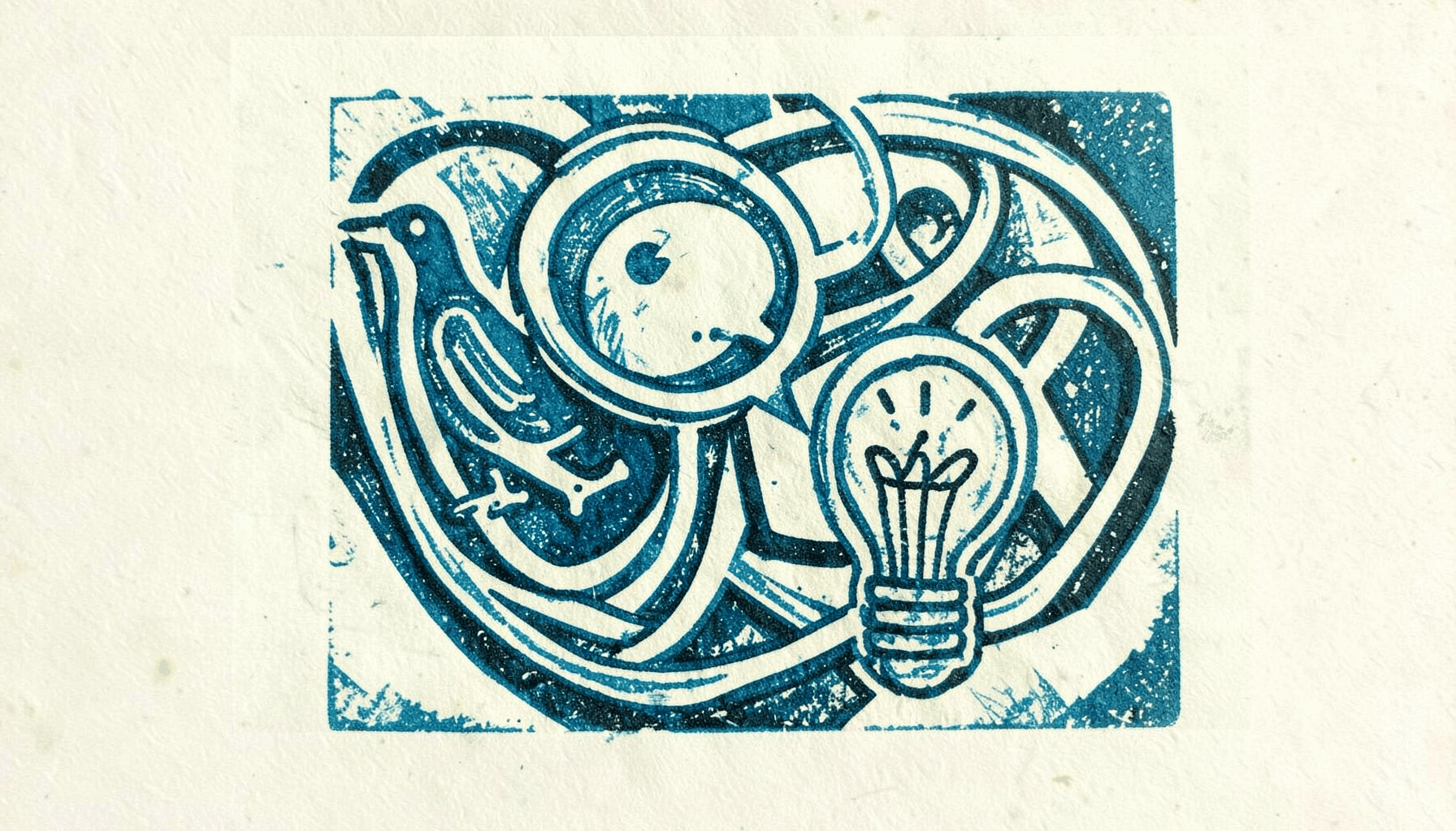 A carved linocut relief print of interconnected social media icons, including a bird, a speech bubble, and a lightbulb, woven together in muted teal and charcoal tones, suggesting human conversation online.